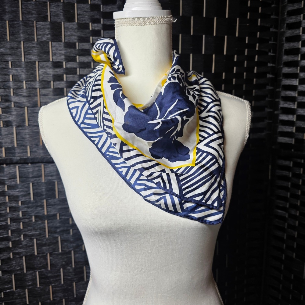 Yellow Navy Blue Floral Geometric Square Scarf Hibiscus Print One Size